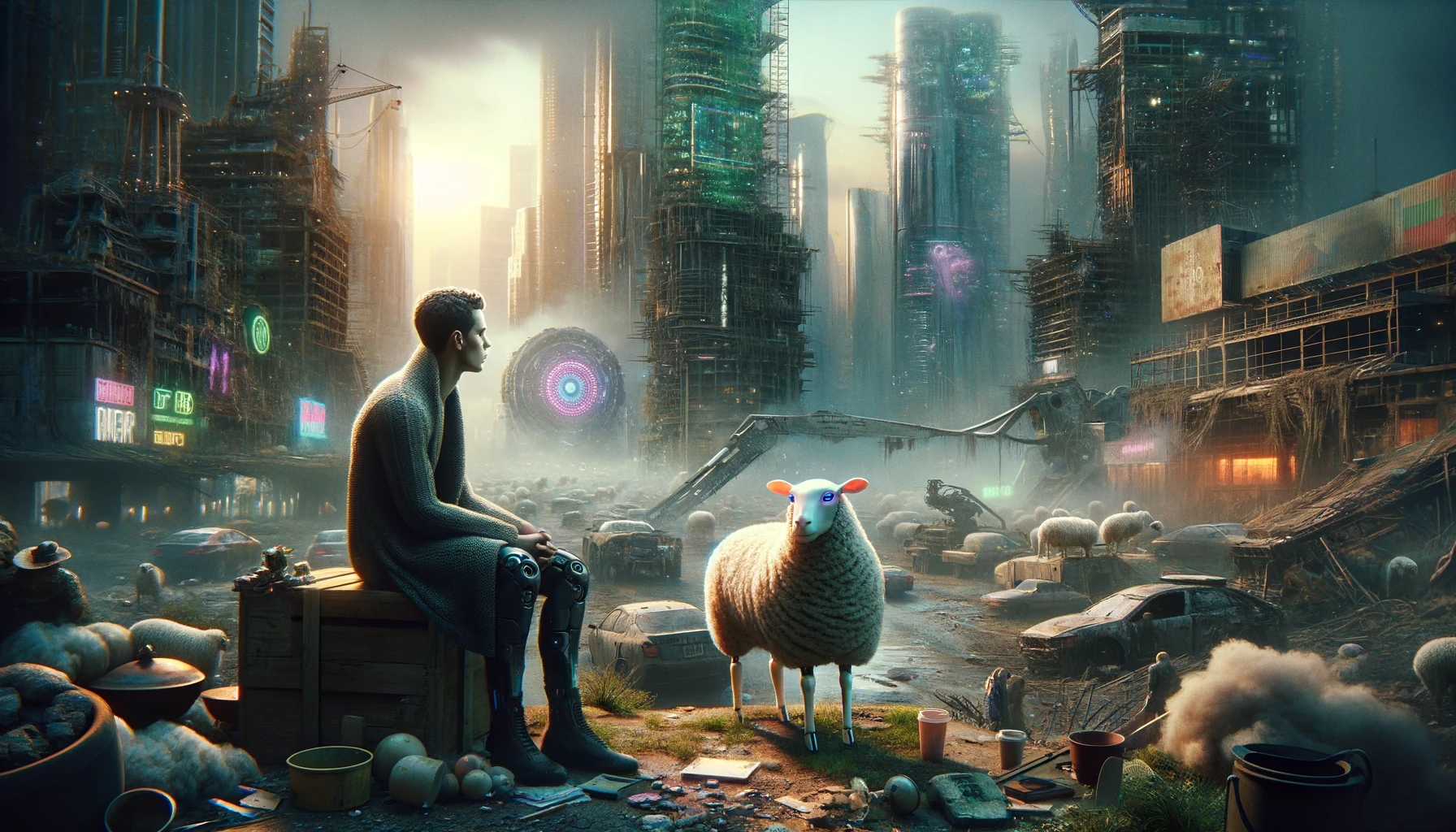 DALL·E 2024-03-02 20.10.00 - Create an image inspired by the novel _Do Androids Dream of Electric Sheep__ by Philip K. Dick. The scene should capture the essence of the dystopian .webp
